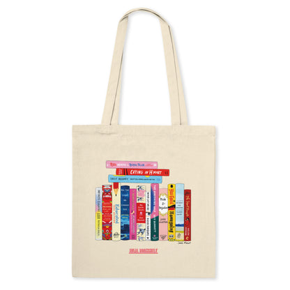 Custom Ideal Bookshelf Tote Bag by Jane Mount – a personalized canvas tote featuring an illustrated bookshelf of your favorite books. The perfect book lover’s bag for carrying reads, groceries, and more.